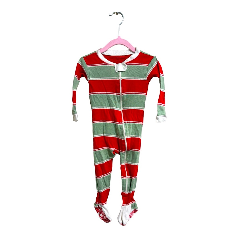 Burt’s Bees Long Sleeper, Red, Green, & Cream Striped with Red Bee Footies, 6-9M
